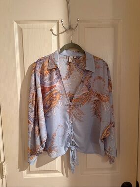 Light Blue Paisley Button-Front Blouse